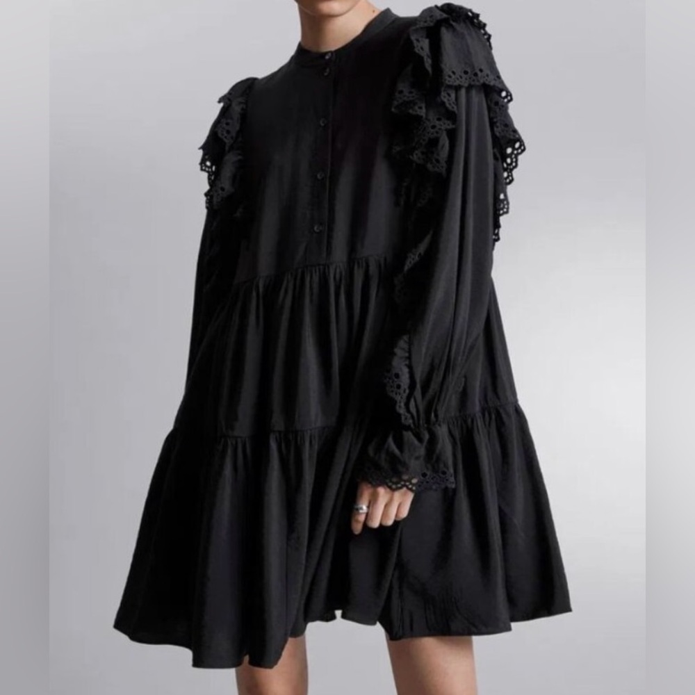 & Other Stories Black Long Sleeve Dress with Lace Details
